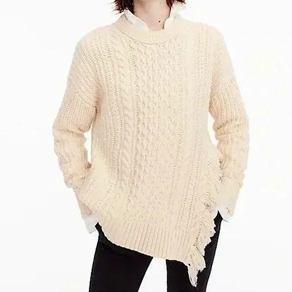 J.Crew Cable Knit Sweater with Side Slit Fringe Detail in Ivory - Picture 6 of 16